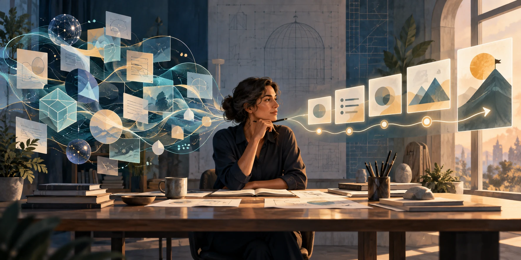 A human collaborator at a studio table turns many abstract AI-generated ideas into a clear sequence of steps.