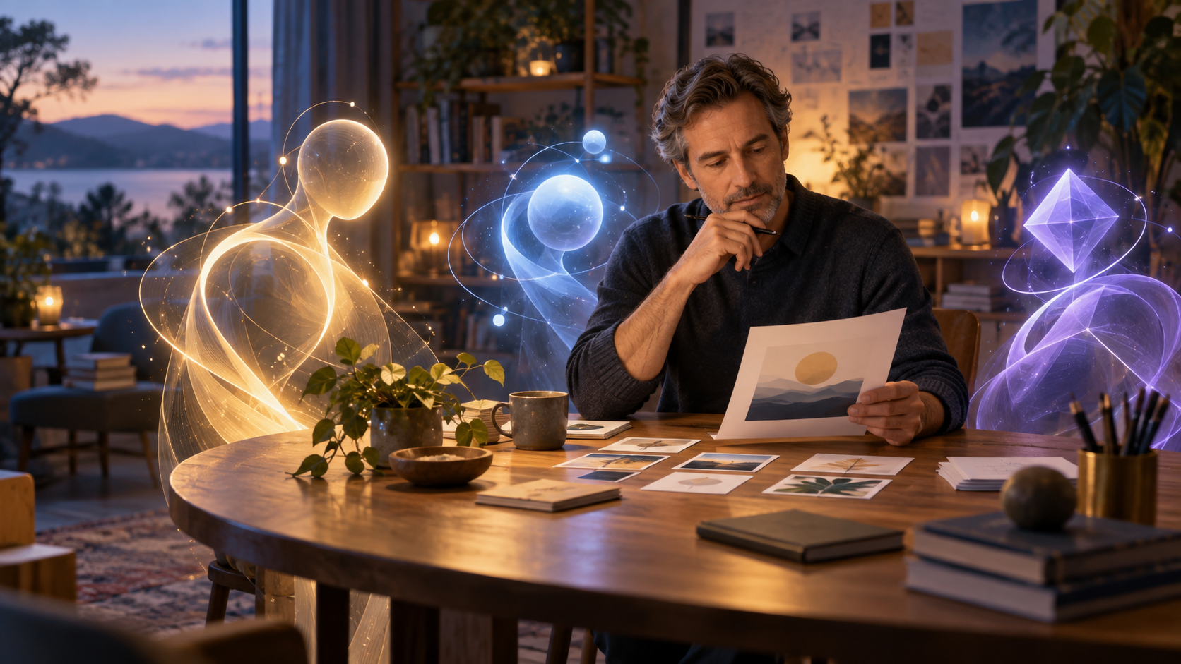 A thoughtful person at the head of a round table reviews organized AI research cards with several subtle luminous assistant forms nearby.