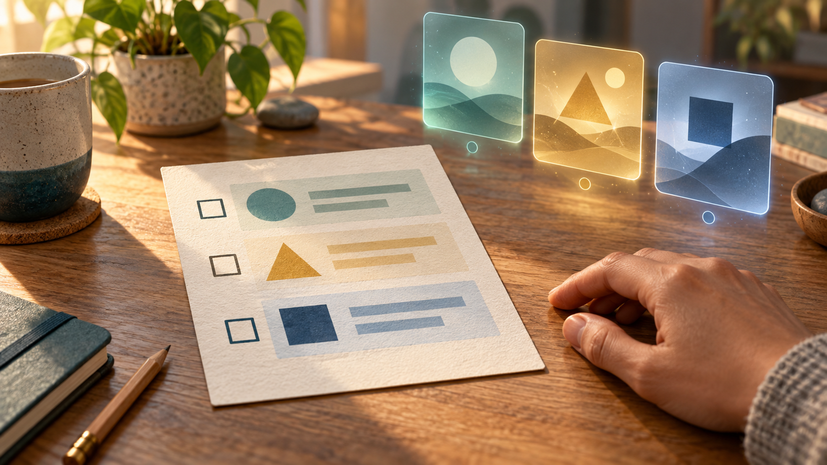 A clear paper decision card on a desk, with a human hand beside a structured set of AI-generated options.